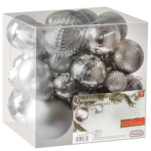 Prextex 36pc Silver Christmas Ornaments Set -...