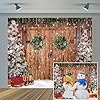 10x8ft Vinyl XMJJKUF Merry Christmas Backdrop Rustic Wooden Door Wreath Snowflake Xmas Tree Gift Background for Holiday New Year Party Banner Family Holiday Party Supplies #1