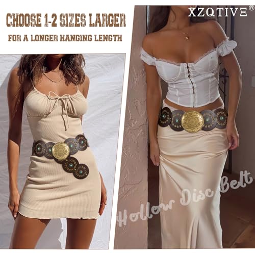 Image of XZQTIVE Western PU Leather Belts for Woman Concho Cowgirl Cowboy Disc Belt for Ladies Wide Boho Country Waist Belts for Dress