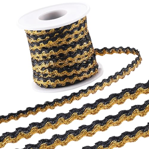 GORGECRAFT 15m x 5mm Wave Bending Fringe Trim Two-Color Sparkle Rick Rack Trim Black Gold Metallic Wire Braid Wavy Edge Lace Woven Webbing Ribbon for DIY Crafts Jewellery Making Hair Bow Gift Wrapping