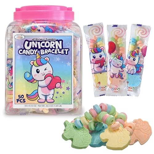 50 Unicorn Candy Bracelets, Easter Candy, Individually Wrapped Jewelry for your Unicorn Themed Party, Bulk Candy Perfect for Goody Bags, Party Favors and Birthdays, by 4YoreElves, Pack of 50 x 0.53oz