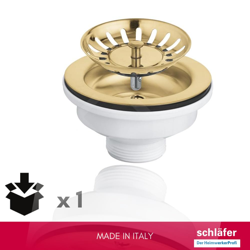 Schläfer 439728 | Piletta di Scarico per Lavabo Tipo Basket in PVD Oro, Senza Troppo Pieno, con Attacco da 1"1/2 e Foro da Ø 90mm, Pilettone Ø 114mm, Piletta Standard in Inox con Vite e Cestello