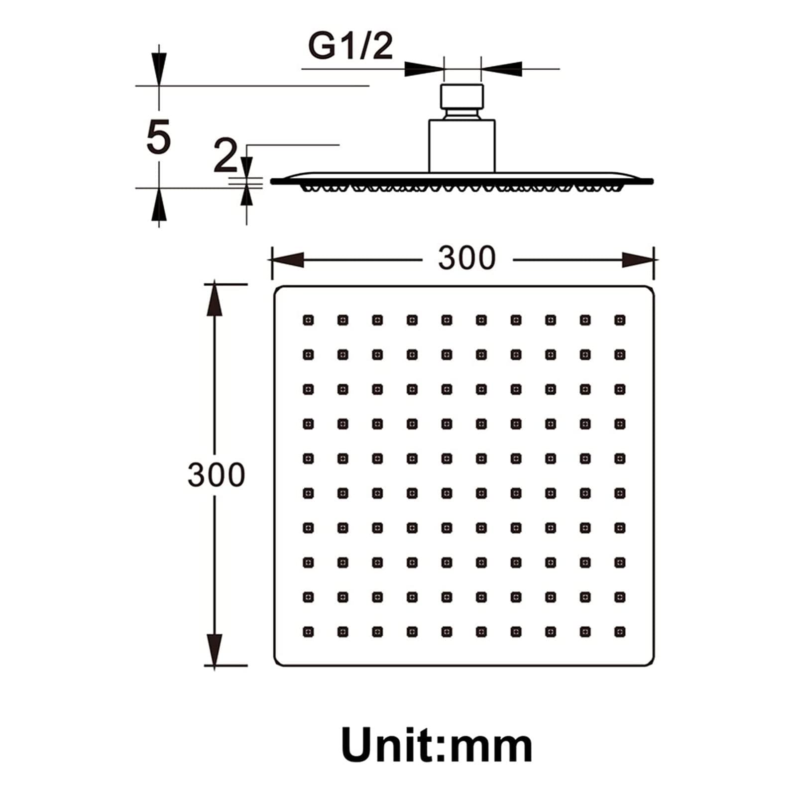 Jings Kwadratowa deszczownica szczotkowana szczotka, stal nierdzewna 304 ultracienka głowica prysznicowa, wysokociśnieniowa głowica prysznicowa, wodospad pokrycie całego korpusu, 30 cm