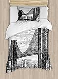 Lunarable New York Duvet Cover Set, Pencil Drawn Art Illustration of 1890s Style Brooklyn Bridge and East River, Decorative 2 Piece Bedding Set with 1 Pillow Sham, Twin Size, Black and White