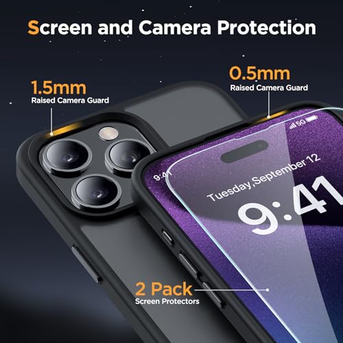 Image of Miracase Magnetic for iPhone 15 Pro Max Case 6.7 inch (Compatible with MagSafe)(with 2X Screen Protectors) Military-Grade Protection, Anti-Fingerprint Translucent Matte Phone Cover, Black