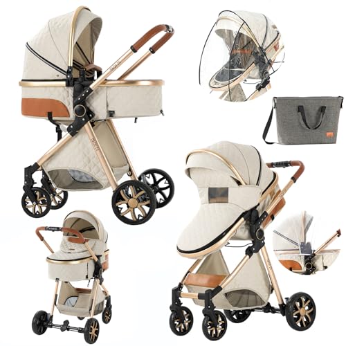 2 in 1 Baby Stroller with Bassinet Convertible Reversible Standard Baby Pram Portable Pushchair Infant Buggy Baby Carriage Foldable High Landscape Pram for Toddler Newborn (2USV9-WHITE)