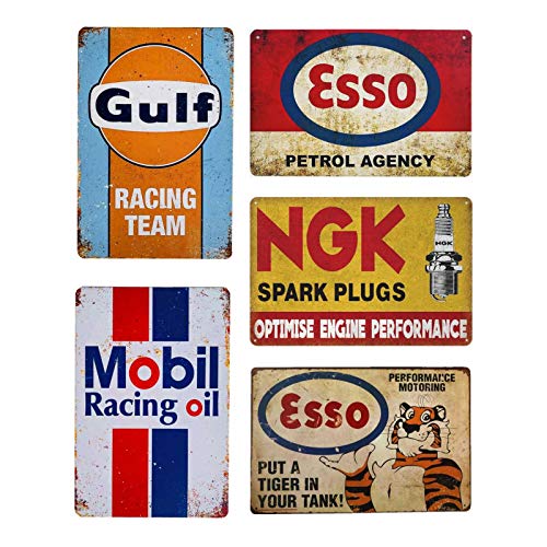 Leorealko 5 pièces Combinaison rétro métal étain Logo Essence Moteur Huile Garage Service Mur Art déco Affiche Plaque Murale 20x30 cm