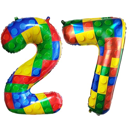 Image of 32 Inch Building Block Number 27 Balloons birthday Block Themed Large Big Helium Foil Mylar Balloon for Girls Boys Birthday Party Decoration Supplies