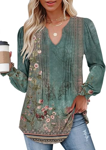 BETTE BOUTIK Long Sleeve Shirts for Women Fall Tops Dressy Blouses Pleated V Neck Tunic Tops for Leggings S-3XL