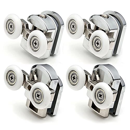 YUANQIAN Lot de 2 paires de roulettes doubles en alliage de zinc pour porte de douche - Poulies de fixation de porte de douche en chrome - Diamètre des roues : 23 mm - Pièces de rechange en haut et en