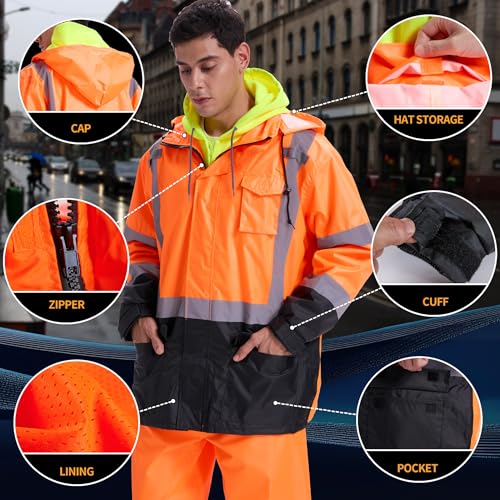 Image of SRsafety High Visibility Rain Gear, Class 3 High Visibility Work Rain Gear for Men, Construction Rain Suits