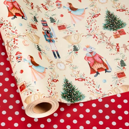 Burymento Christmas Wrapping Paper Reversible Nutcracker Dot Design Gift Wrapping Paper Suitable for Christmas Mini Roll (17 Inch X 32.8 Feet)