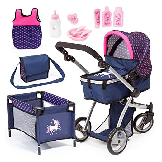 Bayer Design Set de Cochecito para muñecas Grandes, Carrito para muñeca Combi Milano, Altura Ajustable, Mega Set con Muchos Accesorios, Cuna de Viaje, Bolso de Bandolera y Mucho más