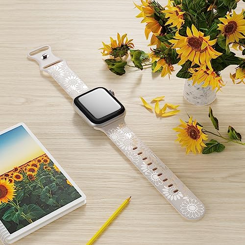 Image of Sunflower Engraved Band Compatible with Apple Watch Bands 38mm 40mm 41mm 42mm 44mm 45mm 49mm Women, Designer Soft Glossy Floral Silicone Strap for iWatch Series Ultra 11 10 9 8 7 6 SE 5 4 3 2 1
