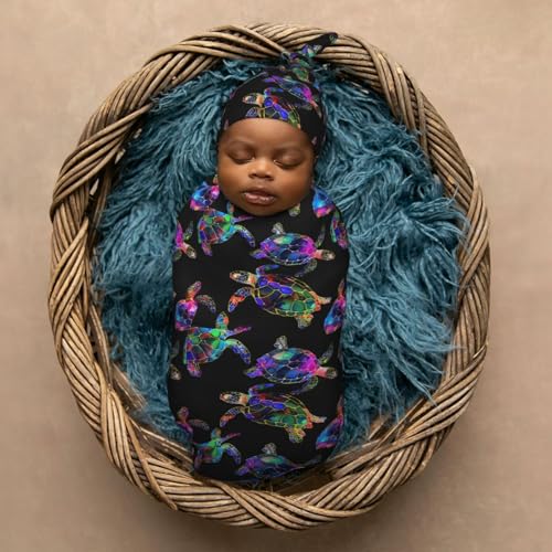 Image of Sea Turtle Newborn Swaddle Blanket with Beanie Set Soft Baby Sack Stretch Adjustable Swaddle Wraps Receiving Blankets