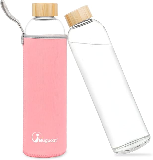 Bugucat Borosilicate Glass Water Bottles 1000ML, Reusable Bamboo Lid Drinking Bottle with Protective Sleeves,Juice Beverage Container BPA-Free Leak Proof for School Sport Yoga Gym Hot Cold Drinks