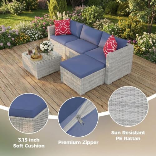 Image of GAOMON 5-Piece Outdoor PE Wicker Patio Sofa Set, All-Weather Modular L-Shaped Sectional with Ottoman, Glass-Top Coffee Table, Thick Cushions & Accent Pillows