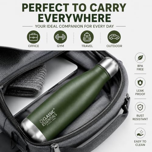 Image of Classic Essentials Insulated Double Wall Stainless Steel Water Bottle 1000 ML | 12 Hours Hot & 24 Hours Cold | Vacuum Insulated, Leakproof Bottle for Home, Office, Gym & Travel (Military Green)