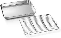 Assadeira de aço inoxidável com grade de resfriamento – perfeita para assar carne e frango, assadeira de fundo plano, vaporizador de arroz, prato de jantar, 24 × 17 x 2,5 cm