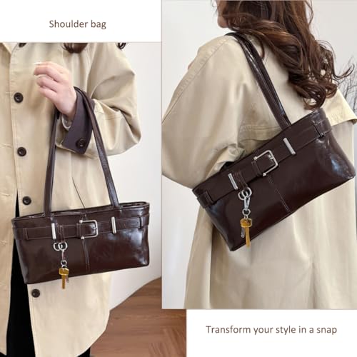 Vintage Y2K Shoulder Bag for Women - Small Belt Buckle Satchel Purse, Underarm Tote Handbag for Daily Use,-Coffee2