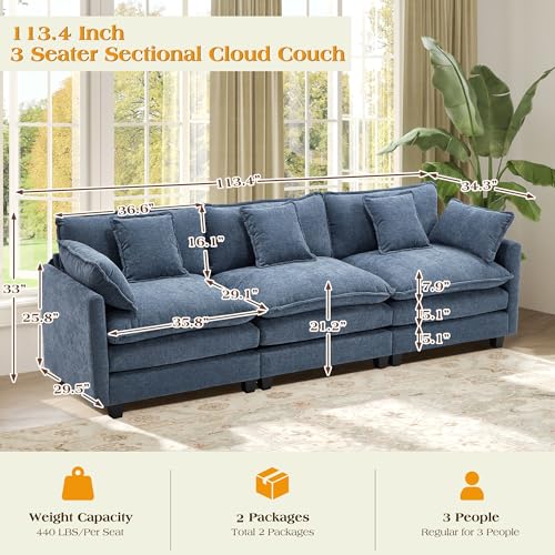 Image of 113.4 inch Modular Sectional Sofa,Cloud Couch for Living Room, Modern Deep Seat Sofa 3 Seater Chenille Fabric Comfy Couches with Throw Pillows for Apartment
