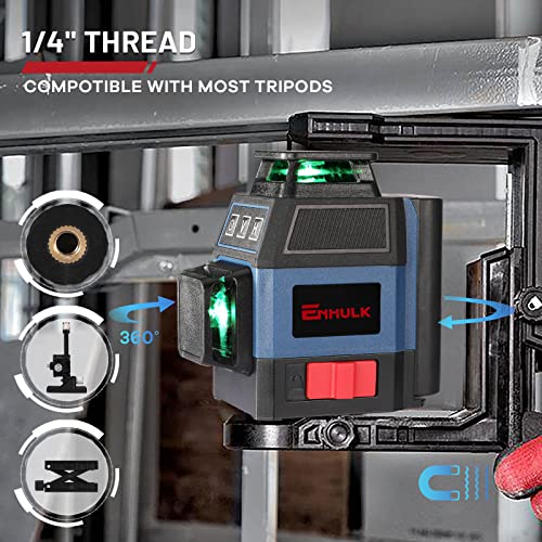 Enhulk Laser Level Self Leveling 3x360° 12 Lines 3D Green Beam Cross Line for Construction Picture Hanging, with 2 Li-ion Batteries, Remote Controller, Magnetic Rotating Stand and Carry Bag(13 Packs)