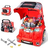 POFJOEQ Interactive Truck Engine Toy with Removable Parts Lights & Sounds, Aspiring Young Mechanic Set- Spark Creativity & Fine Motor Skills - Perfect Car Toys Gift for Toddlers 3-5 Boys (Red)