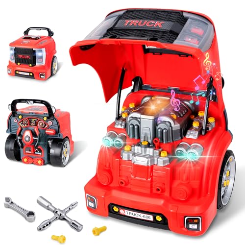 POFJOEQ Interactive Truck Engine Toy with Removable Parts Lights & Sounds, Aspiring Young Mechanic Set- Spark Creativity & Fine Motor Skills - Perfect Car Toys Gift for Toddlers 3-5 Boys (Red)