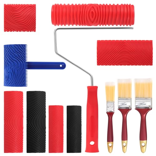 Faankiton 8PCS Outil de Grain de Bois en Caoutchouc et 3 Pinceaux de Peinture, Outils de Peinture pour Grain de Bois, Rouleau De Grain De Bois, Rouleaux de...
