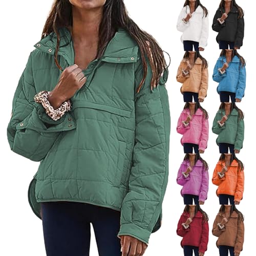 Quilted Puffer Jacket Women Lightweight Pullover Hoodie Warm Winter Down Jackets Quarter Button Casual Padded Coats