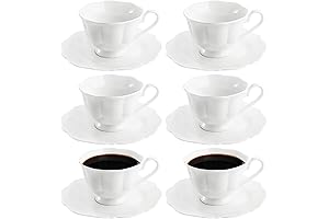 Jucoan Set of 6 Porcelain Tea Cups and Saucers: Premium White Tea...
