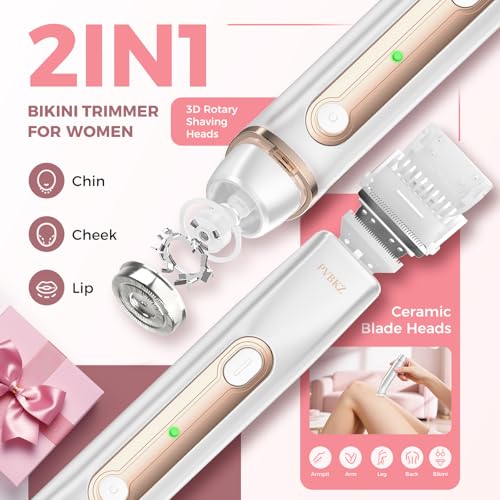 Image of Bikini Trimmer for Women, 2-in-1 Painless Electric Razor for Body and Pubic Hair, IPX7 Waterproof Shaver with Dual Heads - Rechargeable Lady Trimmer for Bikini, Underarm, and Leg (White)