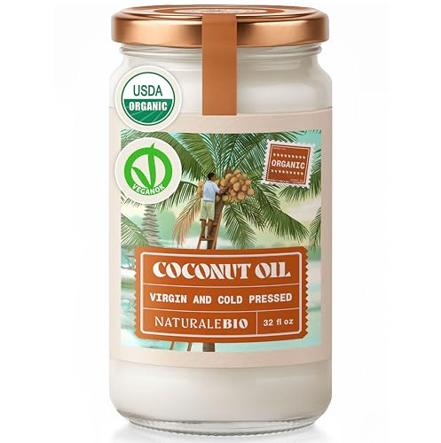 NaturaleBio Organic Virgin Coconut Oil 32 fl oz Raw Cold Pressed for Skin, Hair, Moisturizer, Massage, Body, Hand, Cream, Vegan Butter Alternative, Ideal Lotion, Perfect Care