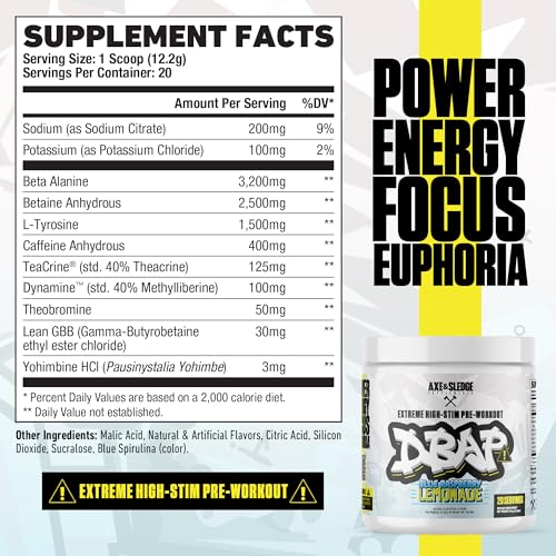 Image of DBAP Extreme High Stim Pre-Workout Powder | 400mg Caffeine | Beta Alanine, Betaine Anhydrous, Electrolytes & Focus | High Stimulant Pre Workout Supplement | 20 Servings,Blue Raspberry Lemonade