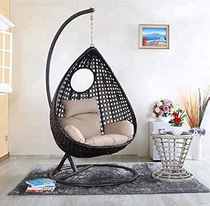 Blissful Backyards India Single Seater Swing Chair with Stand & Cushion Outdoor Indoor Balcony Garden Patio,Powder Coated Frame,UV Protected Wicker,Premium Cushion AF_in_011