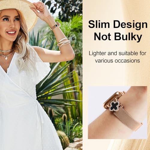 Joyozy Slim Metal Band Compatible with Apple Watch Band 38mm 40mm 41mm 42mm 44mm 45mm 46mm 49mm Skinny Magnetic Strap with Bling Charms, Cute Stainless Steel Band, Dressy Thin iWatch Bracelet for Women