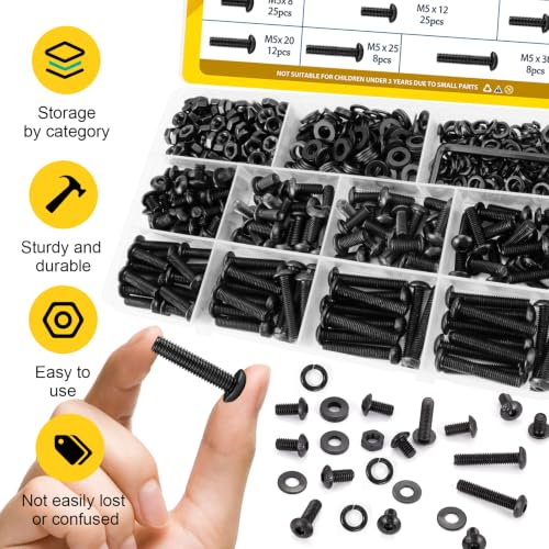 Image of 380PCS M5 Hex Button Head Screws Assorted Kit, M5x8 /12 /16 /20 /25 /30 mm | Metric M5-0.8 Screws, Nuts and Washers Assortment Kit,10.9 Grade Alloy Steel Black Zinc Plated 5mm Bolt Set for 3D Printer