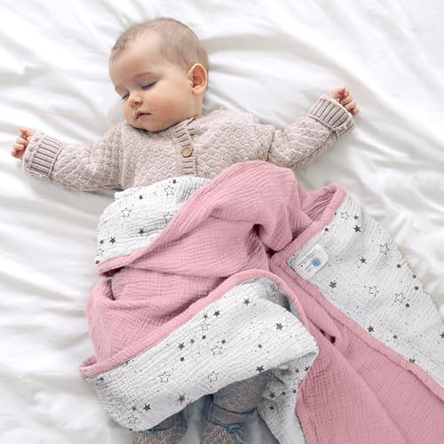 Image of lulumoon Muslin Baby Blanket for Girls: Soft Lightweight Toddler Blanket | Reversible Cotton Crib Blanket for Daycare - 47x47in Breathable Baby Swaddle for Stroller & Travel(Pink Star)