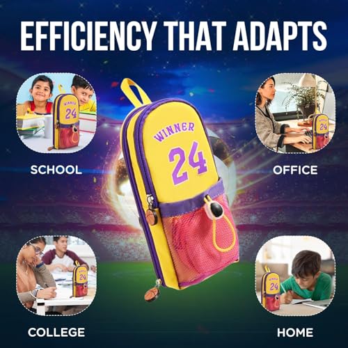 Image of DEOXY Polyester Large Capacity Pencil Pouch with 3 Zippers & 5 Compartments - Waterproof Standing Pencil Case with Metal Zipper + Football Charm & Coin Pouch (Idol), Yellow