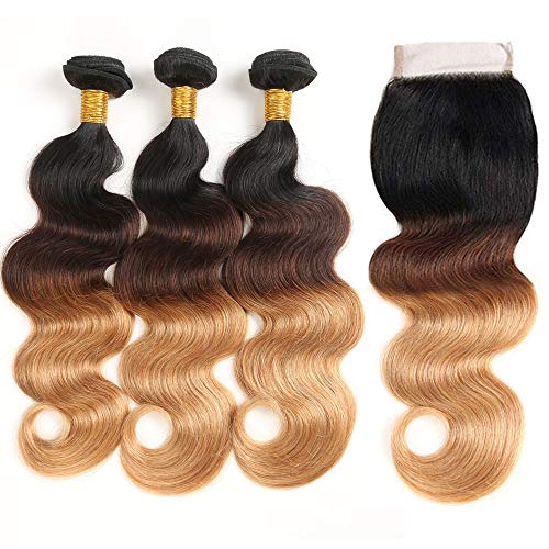 T1B/4/27 Bundles with Closure Body Wave 100% Unprocessed Brazilian Human Hair Ombre Blond