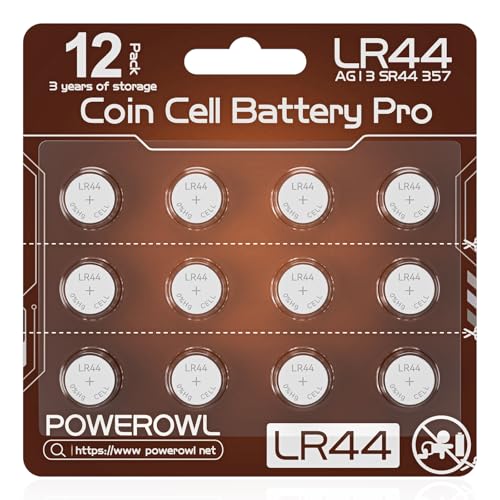Pilas LR44, POWEROWL 12 Piezas Pilas Alcalinas de 1,5 V AG13 CR44 357 303 A76 Pilas de Botón（Marrón ）