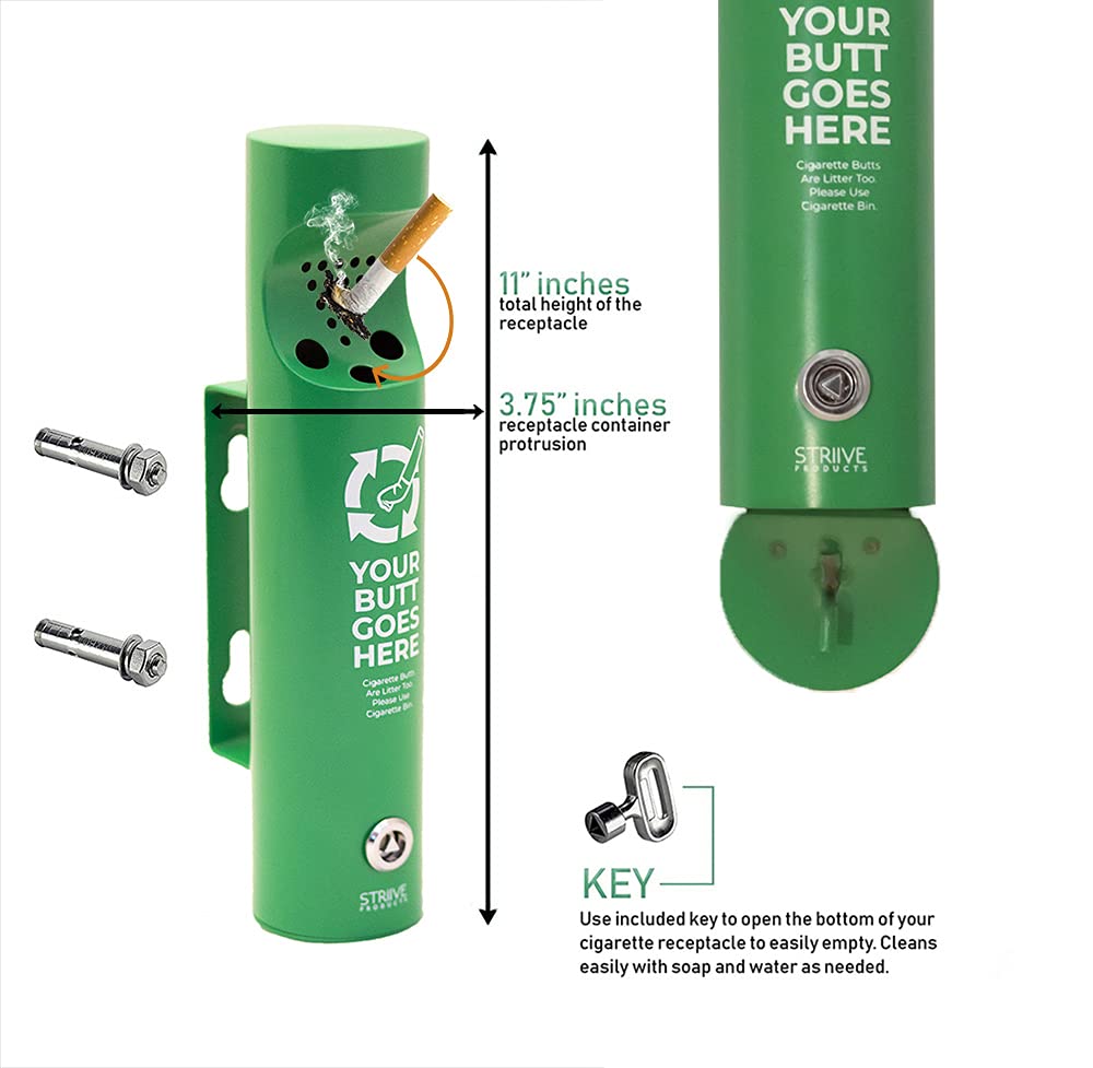 Striive Eco Green Wall-Mounted Cigarette Butt Receptacle – Outdoor Steel Ashtray for Restaurants, Bars, Offices, and Public Smoking Areas - Cigarette Butt Disposal Outdoor