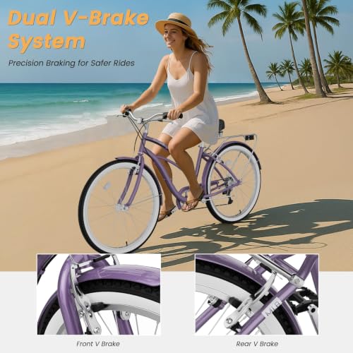 Image of Beach Cruiser Bike for Women and Men, 24 /26 Inch 7-Speed Adult Bicycle | Step-Through or High-Bar Frame, Rear Rack, Full Fenders, Kickstand, Adjustable Comfort Seat, 350 lb Capacity, Classic Cruiser