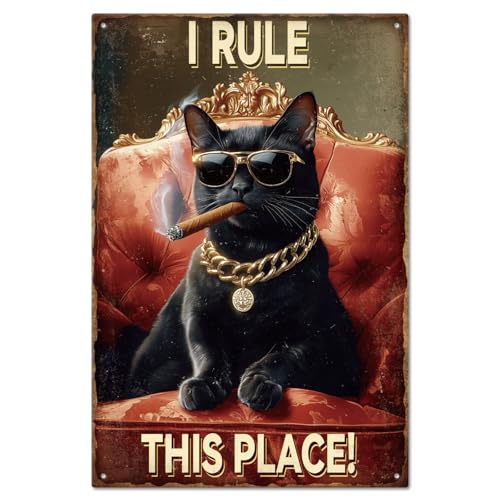 Globleland Yo Mando Aquí! Placa De Metal Gato Negro Jefe Vintage Placa Metálica De Estaño 30 20 Cm Divertido Adorno De Pared Placas De Metal Para El Hogar, Granja, Bar, Cafetería, Club