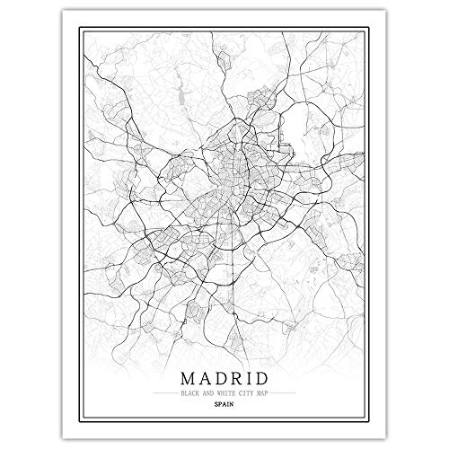 SONG Impresión De Lienzo Mapa De La Ciudad, Madrid, Spagna Mapa De La Ciudad Pintura Imagen En Blanco Y Negro Sin Marco, Póster De Arte Pinturas Murales para Sala De Estar Y Dormitorio,20x30cm
