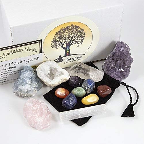 13 pcs Chakra Crystal Sampler Set ~ LARGE Healing Kit: 6 Minerals-Amethyst Cluster, Raw Rose Quartz, Crystal Point, Selenite Blue Celestite and Half Geode + Plus 1 Bag of 7 Chakra tumbled Stone