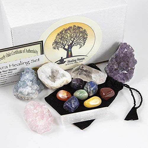 13 Pcs Chakra Crystal Sampler Set ~ Large Healing Kit: 6 Minerals-Amethyst Cluster, Raw Rose Quartz, Crystal Point, Selenite Blue Celestite And Half Geode + Plus 1 Bag Of 7 Chakra Tumbled Stone #TOP5
