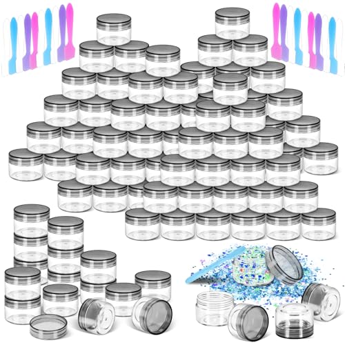 MotBach 40 PCS 15g Empty Plastic Containers with Black Lids,Small Makeup Sample Containers,0.5oz Small Sample Pot Jars Round Travel Cosmetic Jars with Spatulas for Liquid Powder Cream Lotion