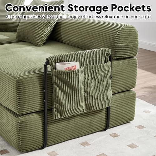 Image of L-Shape Modular Sectional Sofa Bed, Corduroy Boneless Couch, Olive Green
