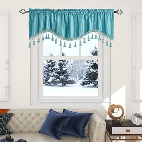 Wycian Curtains Short Aesthetic Curtains Short Velvet Blue Green Semi-Sheer 1PCS Wave Solid Color with Tassel 52" W x 18" H (132X46CM) Cover